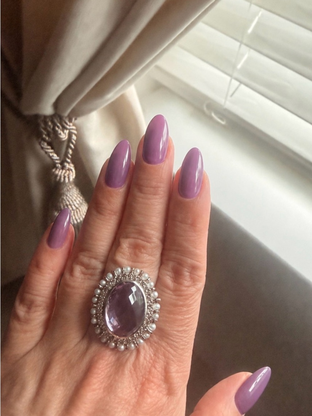 VINTAGE AMETHYST WHITE TOPAZ SEED PEARLS COCKTAIL RING 7 Sterling Silver 925